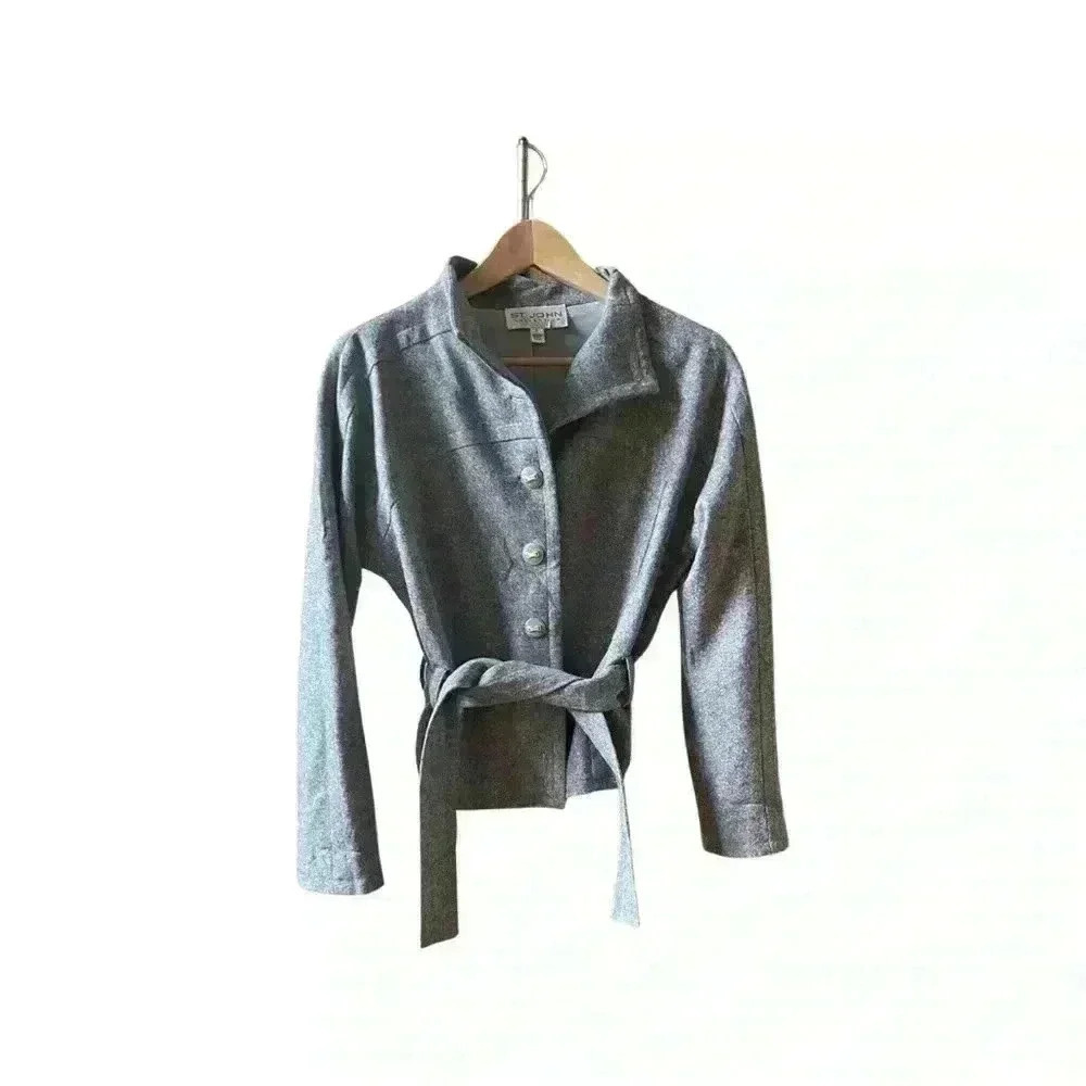 ST. JOHN Belted Black White Tweed Blazer Jacket